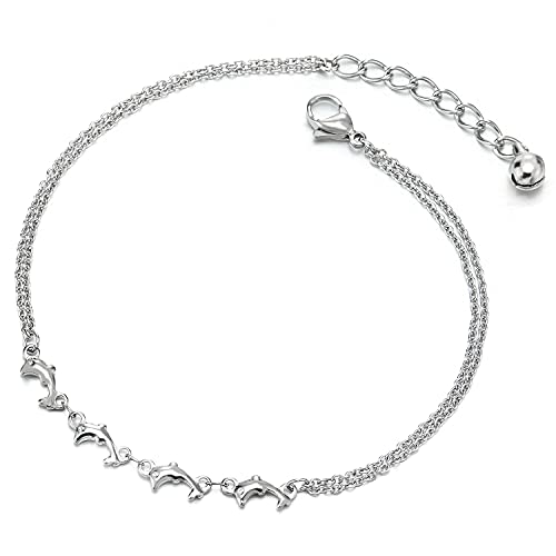 COOLSTEELANDBEYOND Zweireihige Edelstahl Damen Gliederkette Fußkette Fußkettchen mit Delfine Charms und Klingglöckchen, Verstellbare von COOLSTEELANDBEYOND