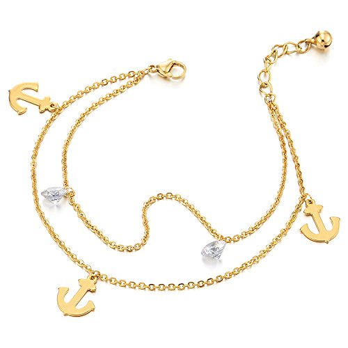 COOLSTEELANDBEYOND Zweireihige Edelstahl Goldfarben Damen-Fußkette Fußkettchen mit Baumelnde Anker Charms und Zirkonia von COOLSTEELANDBEYOND