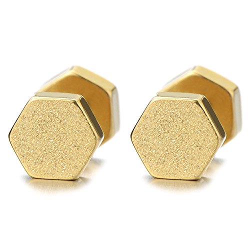 Gold Hexagon Herren Damen Ohrstecker Ohrringe Fakeplugs Fake Ohr-Plug Tunnel Gauges Ohr-Piercing Edelstahl Satiniert von COOLSTEELANDBEYOND