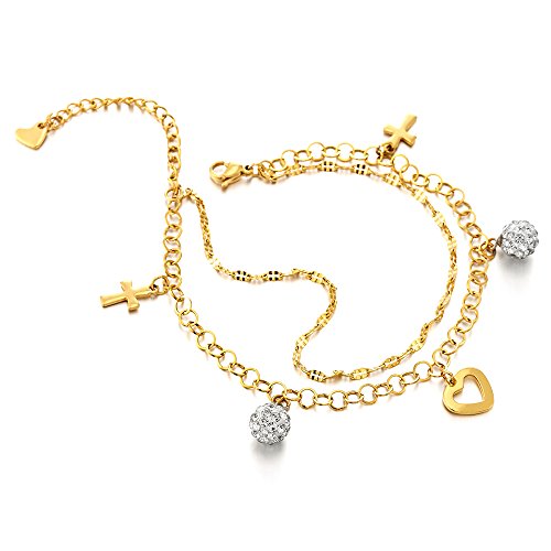 COOLSTEELANDBEYOND Goldfarben Edelstahl Damen-Fußkette Fußkettchen mit Charms Kreuz, Zirkonia und Herz von COOLSTEELANDBEYOND