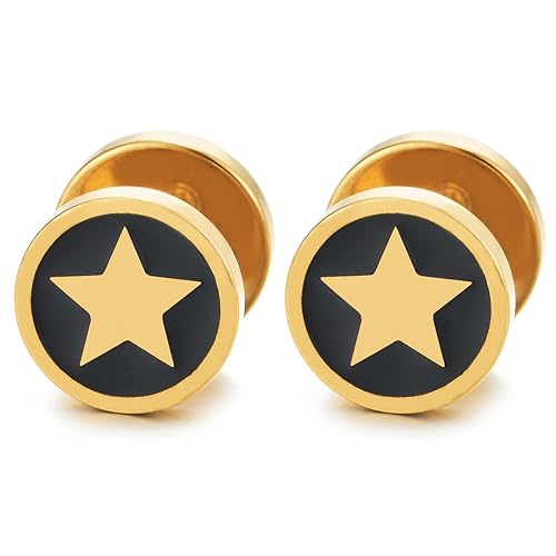 Herren Damen Goldfarben Edelstahl Kreis Ohrstecker Ohrringe mit Pentagramm Stern, Fake Plug Tunnel, Ohr-Piercing, 1 Paar von COOLSTEELANDBEYOND