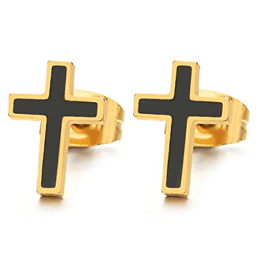 COOLSTEELANDBEYOND Herren Damen Goldfarben Flach Kreuz Ohrstecker Ohrringe Edelstahl Gestüt Ohrringe mit Schwarzer Emaille Kreuz Ohrschmuck von COOLSTEELANDBEYOND