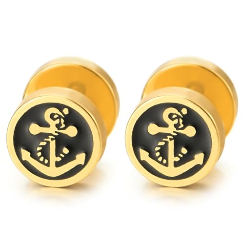 Herren Goldfarben Kreis Ohrstecker Ohrringe mit Anker Schwarzer Emaille, Edelstahl Fake Plugs Ohr Cheater Tunnel Gauges von COOLSTEELANDBEYOND