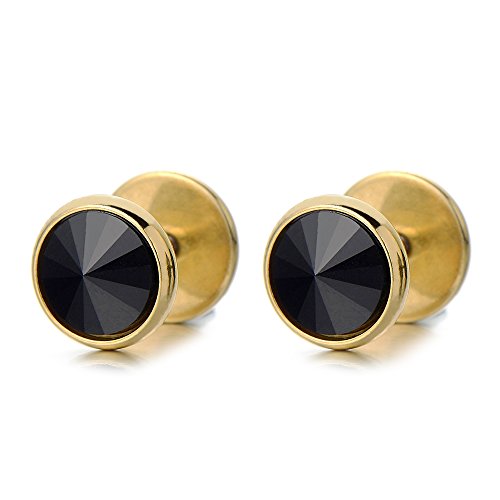 Paar 8MM Gold Herren Damen Ohrringe mit Schwarz Zirkonia Edelstahl Ohrstecker Fakeplugs Fake Plug Tunnel Ohr-Piercing von COOLSTEELANDBEYOND