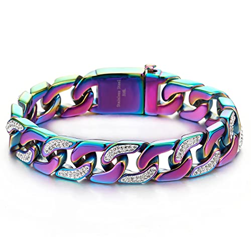 COOLSTEELANDBEYOND Top-Qualität Edelstahl Panzerkette Herren Armband mit Zirkonia, Regenbogen Bunter Hochglanz Poliert von COOLSTEELANDBEYOND