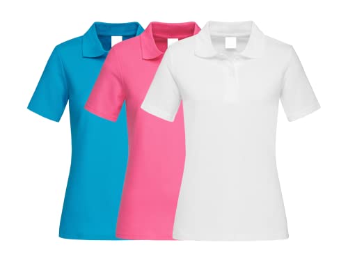 COOZO Damen 3er-Pack Kurzarm Klassische Baumwolle Polo Hemd - Meerblau/Süße Rosa/Weiss - M von COOZO