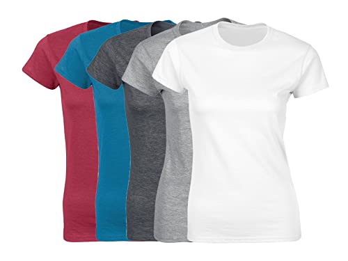 COOZO Damen 5er-Pack Kurzarm T-Shirts - Antike Kirsche/Antiker Saphir/Dunkles Heidegrau/Sportgrau/Weiss - 2XL von COOZO