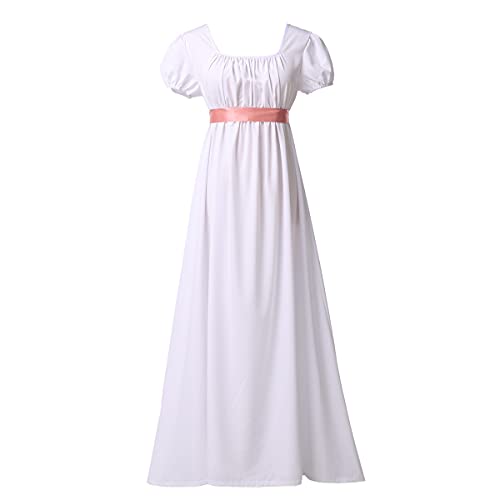 COSDREAMER Damen Mittelalter Viktorianisches Hohe Taille Retro Regency Kleid Damen Retro Band Rüschen Puffärmel Kleid Blau (Weiß, 2XL) von COSDREAMER