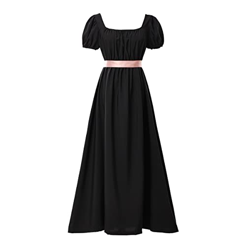 COSDREAMER Damen Mittelalterliches viktorianisches Kleid mit hoher Taille, Retro-Regency-Kleid mit Rüschen und Puffärmeln, Schwarz, 46 von COSDREAMER