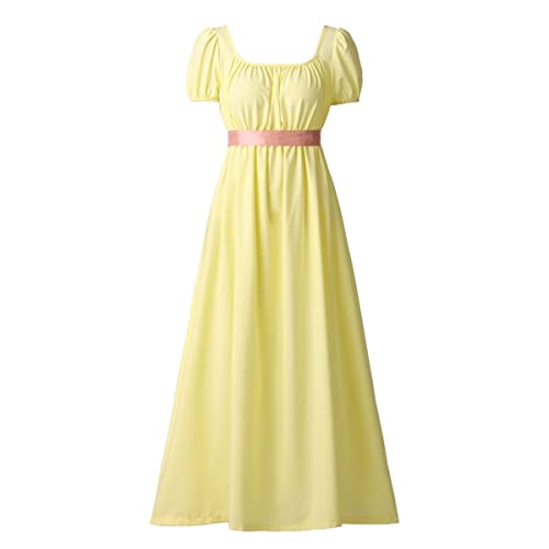 COSDREAMER Damen Mittelalterliches viktorianisches Kleid mit hoher Taille, Retro-Regency-Kleid mit Rüschen und Puffärmeln, gelb, L Große Größen Tall von COSDREAMER