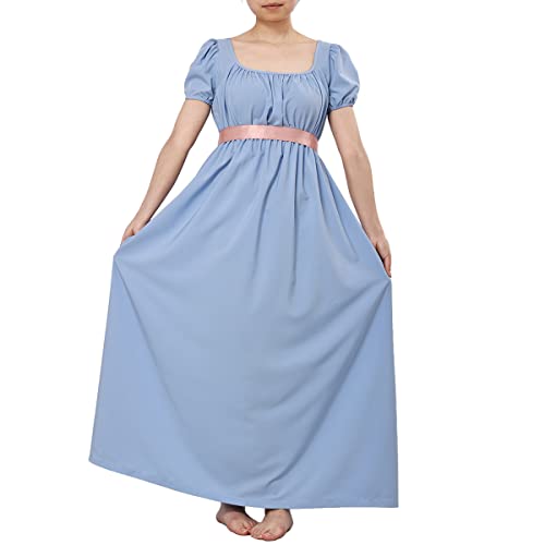 COSDREAMER Damen Mittelalterliches viktorianisches Kleid mit hoher Taille, Retro-Regency-Kleid mit Rüschen und Puffärmeln, hellblau, 34 von COSDREAMER