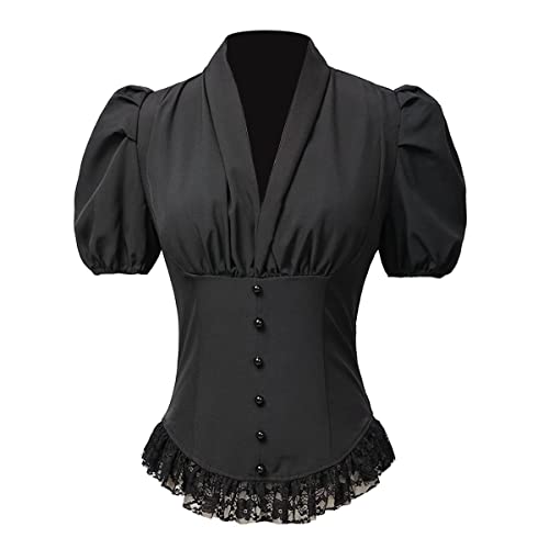 COSDREAMER Damen Viktorianisches Korsett Tops Shirts Gothic Steampunk Schnür Bluse (Größe S, Schwarz) von COSDREAMER