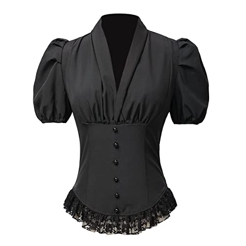 COSDREAMER Damen Viktorianisches Korsett Tops Shirts Gothic Steampunk Schnür Bluse (Größe XXL, Schwarz) von COSDREAMER