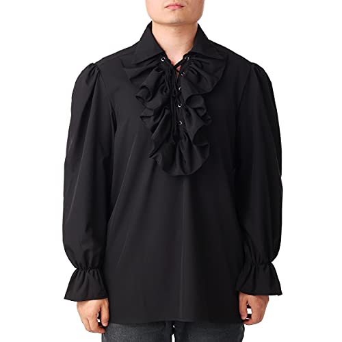 COSDREAMER Herren Renaissance Kostüm Dichter Hemd Mittelalter Pirat Tops Bluse (Schwarz,2XL) von COSDREAMER