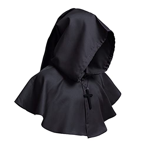 COSDREAMER Mittelalterliche Kapuzen Cowl Kreuz Halskette Halloween-Mantel für Dämonen Hexen Zauberer Cosplay, Schwarz, One Size von COSDREAMER