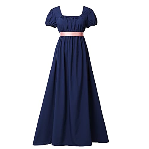 COSDREAMER Damen Mittelalter Viktorianisches Hohe Taille Retro Regency Kleid Damen Retro Band Rüschen Puffärmel Kleid Blau(Blau, S) von COSDREAMER