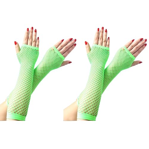 COSFAN 2 Paar Lange Netzhandschuhe, Damen Fingerlose Mesh Handschuhe, Mädchen Hohle Handschuhe für 80er Jahre Kostüm Tanz Party (Grasgrün) von COSFAN