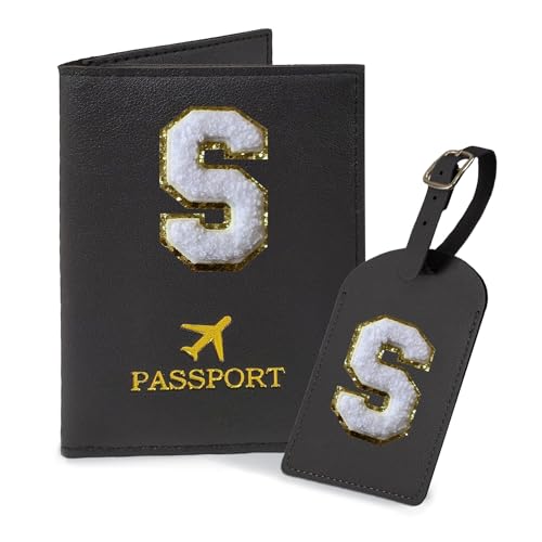 COSHAYSOO Schwarze Reisepasshülle und Gepäckanhänger-Set, TSA-genehmigt, mit Initiale Chenille-Buchstabe Patch A-Z für Frauen, Teenager-Mädchen, Impfkartenschlitz, Reisetasche, Koffer-Identifikator von COSHAYSOO