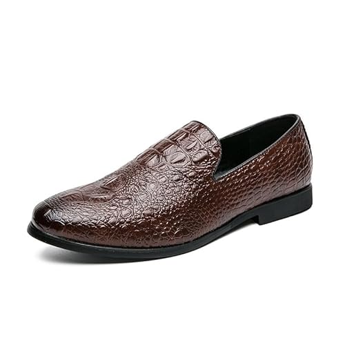 COZYJIA Abendschuhe für Herren, Schlupfschuhe, runde brünierte Zehenpartie, veganes Leder, Krokodilprägung, Blockabsatz, rutschfeste Gummisohle, Low Top, lässig(Color:Braun,Size:38 EU) von COZYJIA