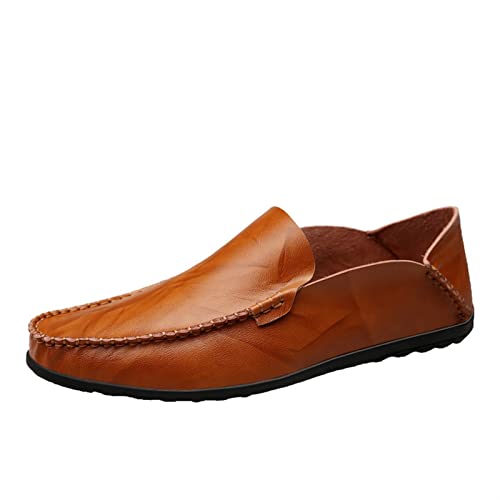 COZYJIA Herren-Slipper aus echtem Leder, runde Zehenpartie, Nahtdetails, klassisch, leicht, flexibel, Flacher Absatz, lässige Slip-Ons (Color : Red Brown, Size : 42 EU) von COZYJIA