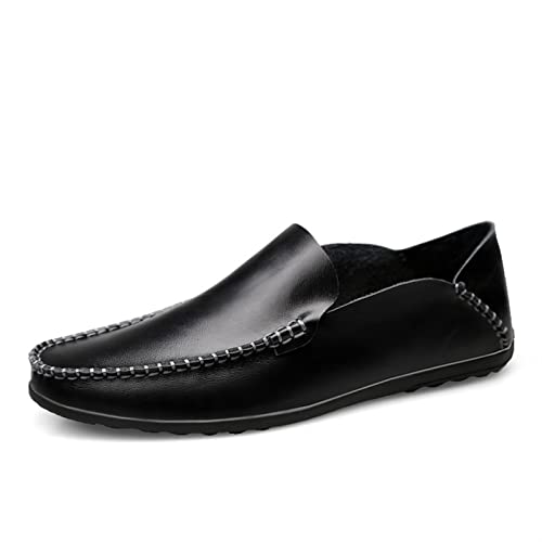 COZYJIA Herren-Slipper aus echtem Leder, runde Zehenpartie, Nahtdetails, klassisch, leicht, flexibel, Flacher Absatz, lässige Slip-Ons (Color : Schwarz, Size : 38 EU) von COZYJIA