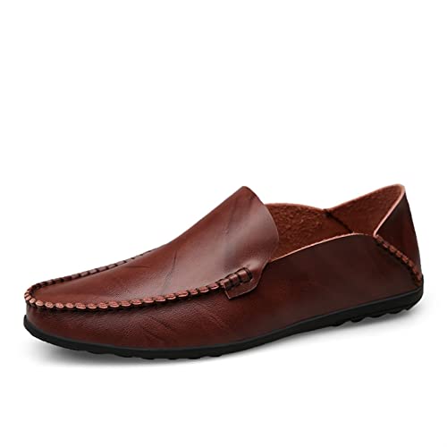 COZYJIA Herren-Slipper aus echtem Leder, runde Zehenpartie, Nahtdetails, klassisch, leicht, flexibel, Flacher Absatz, lässige Slip-Ons (Color : Weinrot, Size : 38 EU) von COZYJIA