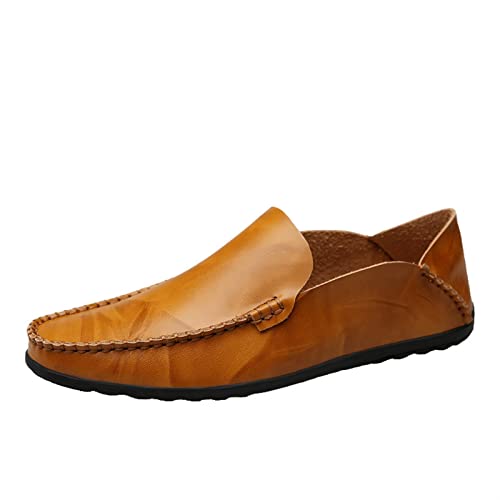 COZYJIA Herren-Slipper aus echtem Leder, runde Zehenpartie, Nahtdetails, klassisch, leicht, flexibel, Flacher Absatz, lässige Slip-Ons (Color : Yellowish Brown, Size : 38 EU) von COZYJIA