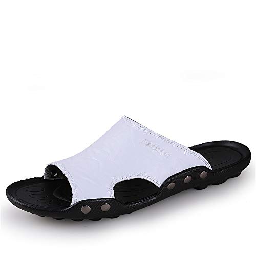 COZYJIA Slide Sandalen für Herren Slipper aus echtem Leder, Strandschuhe, rutschfeste Sommer-Slide-Sandale(Weiß,37 EU) von COZYJIA