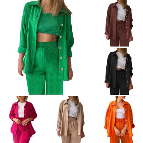 CPIDAH Zweiteiler Damen Lang Sommer Musselin Bluse Hemd und Hosen Clothes Elegant Lounge Set Strand Outfit Set Two Piece Mode Leicht Freizeit Oberteile Loungewear Freizeitanzug Outfit Grün L CPIDAH Zweiteiler Damen Lang Sommer Musselin Bluse Hemd und Hosen Clothes Elegant Lounge Set Strand Outfit Set Two Piece Mode Leicht Freizeit Oberteile Loungewear Freizeitanzug Outfit Grün L von CPIDAH