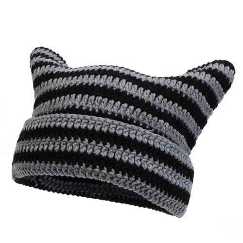 1 Stück Cat Beanie,Mütze Katzenohren,Lustiger Hut Mit Ohren,Katzenohren Hut,Gestreifter Modischer Warmer Hut,Niedlicher Gestreifter Hut,Geeignet Für Gehörschutz Im Herbst Und Winter,Warm(Schwarz) von CPRNQY