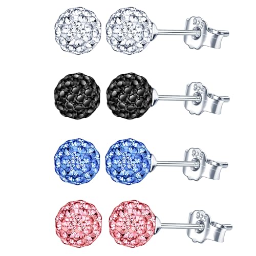 CPSLOVE Damen 6mm Bunte Kristallkugel Ohrringe 925 Sterling Silber Ohrstecker mit Strasssteine für Mädchen Schmuck Set aus 4 Paaren von CPSLOVE