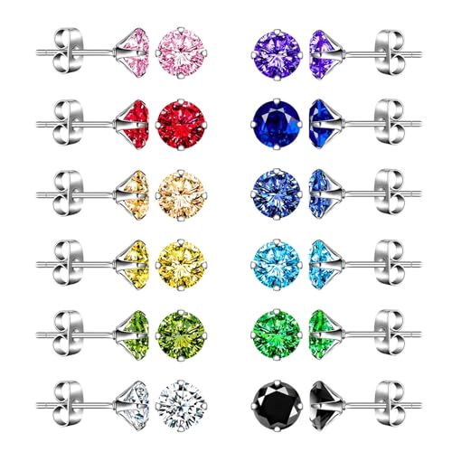 CPSLOVE Damen Herren Edelstahl Ohrringe Elegante 5mm Solitär Ohrringe 12 Farben 4 Claw Runde Zirkonia Edelstahl Ohrstecker für Mädchen Set 12 Paar von CPSLOVE