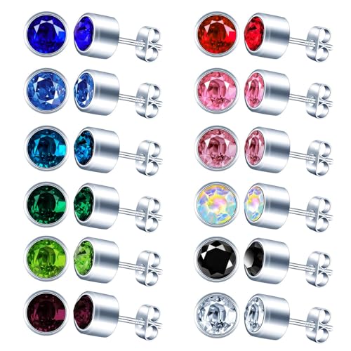 CPSLOVE Damen Herren Edelstahl Ohrringe Elegante 6mm Solitär Ohrringe 12 Farben Runde Zirkonia Edelstahl Ohrstecker für Mädchen Set 12 Paar von CPSLOVE