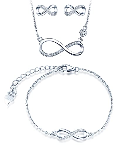 CPSLOVE Damen Mädchen Halskette Armbänder Ohrringe, Infinity Symbol Schmuck-Sets, 925 silber anhänger armband ohrringe, Unendliche liebe und kraft, Eingelegter Zirkon, Einstellbare Kettenlänge,Silber von CPSLOVE