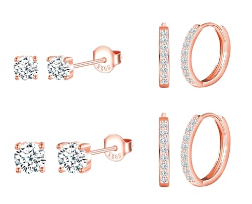 CPSLOVE Damen Herren Rosegold Ohrringe Creolen 925 Sterling Silber Elegante Zirkonia Reifen-Ohrringe Mädchen Jungen Fashion Solitär Zirkon Ohrstecker 1.2cm/1cm/0.6cm/0.4cm 4 Paare Set von CPSLOVE