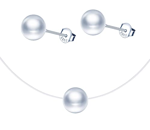 CPSLOVE Damen Schmuck-Sets, 925 silber, Damen Mädchen Halskette Anhänger, Damen Mädchen Perlen Ohrringe, Perlenkette, perlen schlüsselbeinhalskette, transparente unsichtbare halskette aus Nylonseil von CPSLOVE