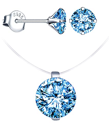 CPSLOVE Damen Schmuck-Sets, Damen Halskette Anhänger, Damen Ohrringe, 925 silber, diamant schlüsselbeinhalskette, diamant ohrringe, transparente unsichtbare halskette aus Nylonseil, Blau von CPSLOVE