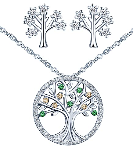 CPSLOVE Damen mädchen halskette ohrringe, Elegante Baum des Lebens Schmuck-Sets, 925 silber Halskette und Ohrringe, glänzender diamant-lebensbaum anhänger ohrringe, Eingelegter Zirkon, Grün von CPSLOVE