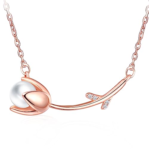 CPSLOVE Elegante Damen Mädchen Tulpe Perlen Halskette 925 Sterling Silber Ketten mit Blumen Anhänger Kreative Zirkonia Rosegold Kurze Halskette von CPSLOVE