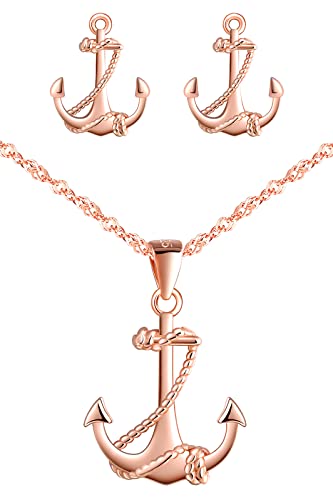 CPSLOVE Halskette Ketten Ohrringe für Damen mädchen, 925 Silber Schmuck-Sets, Anker Halskette Anhänger, 45cm Kette, Anker Ohrringe, rose gold von CPSLOVE