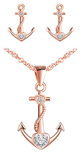 CPSLOVE Halskette Ketten Ohrringe für Damen mädchen, 925 Silber Schmuck-Sets, Anker - Herz Halskette Anhänger, 45cm Kette, Anker Ohrringe, Eingelegter Zirkon, rose gold von CPSLOVE