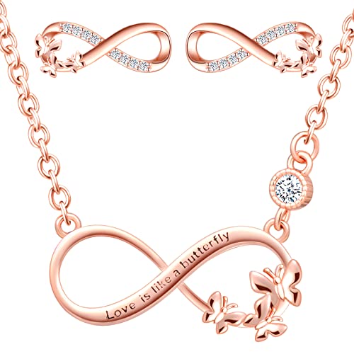 CPSLOVE Halskette Ketten Ohrringe für Damen mädchen, 925 Silber Schmuck-Sets, Unendlichkeitssymbol - Schmetterlings Halskette Anhänger, Schmetterlings Ohrringe, Eingelegter Zirkon, rose gold von CPSLOVE