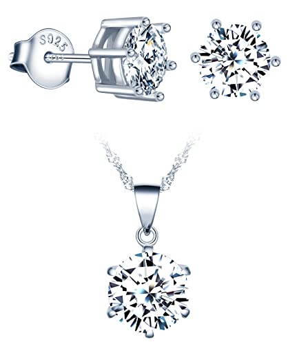 CPSLOVE Halskette Ketten und Ohrringe für Damen und mädchen, 925 silber Schmuck-Sets, 6-Steg-Krappenfassung Zirkon Anhänger mit 45cm Kette, 6-Steg-Krappenfassung Zirkon Ohrringe, Zirkon, silber von CPSLOVE