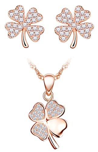 CPSLOVE Halskette Ketten und Ohrringe für Damen und mädchen, 925 silber Schmuck-Sets, Vierblättriges Kleeblatt Halskette anhänger und Vierblättriges Kleeblatt Ohrringe, Eingelegter Zirkon, rose gold von CPSLOVE