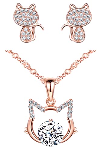 CPSLOVE Halskette und Ohrringe für Damen Mädchen, 925 Silber Schmuck-Sets, Rose Gold Katze Ketten Anhänger, Süße Katzen Ohrringe, Eingelegter Zirkon von CPSLOVE