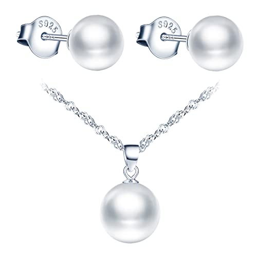 CPSLOVE Perlen Halskette Ketten und Ohrringe für Damen und mädchen, 925 silber Schmuck-Sets, Süßwasser-Zucht Perlen Halskette Anhänger mit 45cm Kette, Perlen Ohrringe Ohrstecker, silber von CPSLOVE