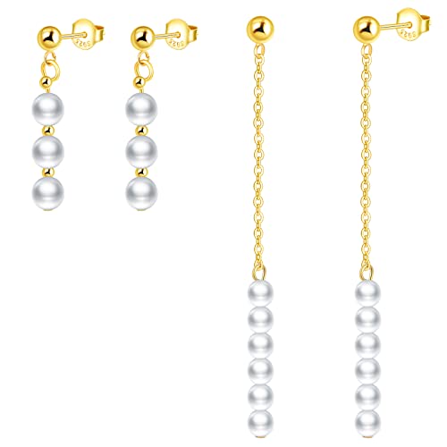 CPSLOVE Perlen Ohrringe Damen 925 Sterling Silber Ohrhänger Gold Elegante Stilvolle Lange Ohrringe Barocker Hängend Tropfen Perlenohrringe für Mädchen 5mm und 4mm Perle von CPSLOVE