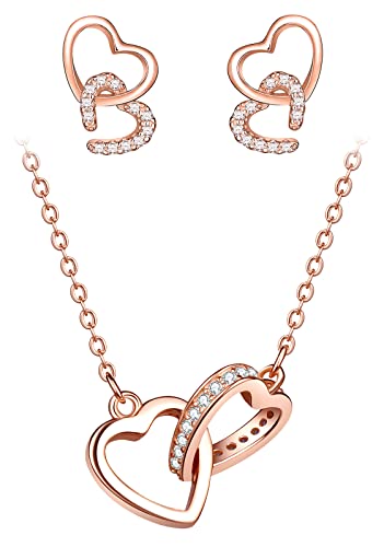 CPSLOVE Rose Gold Herz Halskette und Ohrringe für Damen Mädchen, 925 Silber Schmuck-Sets, Elegante Herz Schlüsselbeinkette Anhänger, Doppelte Herz Ohrringe, Eingelegter Zirkon von CPSLOVE