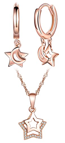 CPSLOVE Sterne Halskette Anhänger und Ohrringe für Damen mädchen, 925 Silber Schmuck-Sets, Glänzende Sterne Ketten, Sterne Creolen Ohrschmuck, Eingelegter Zirkon, Rosegold von CPSLOVE