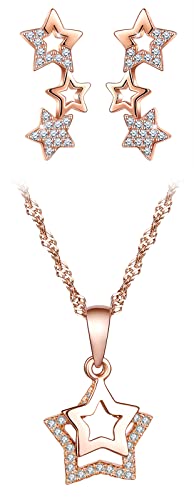 CPSLOVE Sterne Halskette Anhänger und Ohrringe für Damen mädchen, 925 Silber Schmuck-Sets, Glänzende Sterne Ketten, Sterne Ohrringe, Eingelegter Zirkon, Rosegold von CPSLOVE